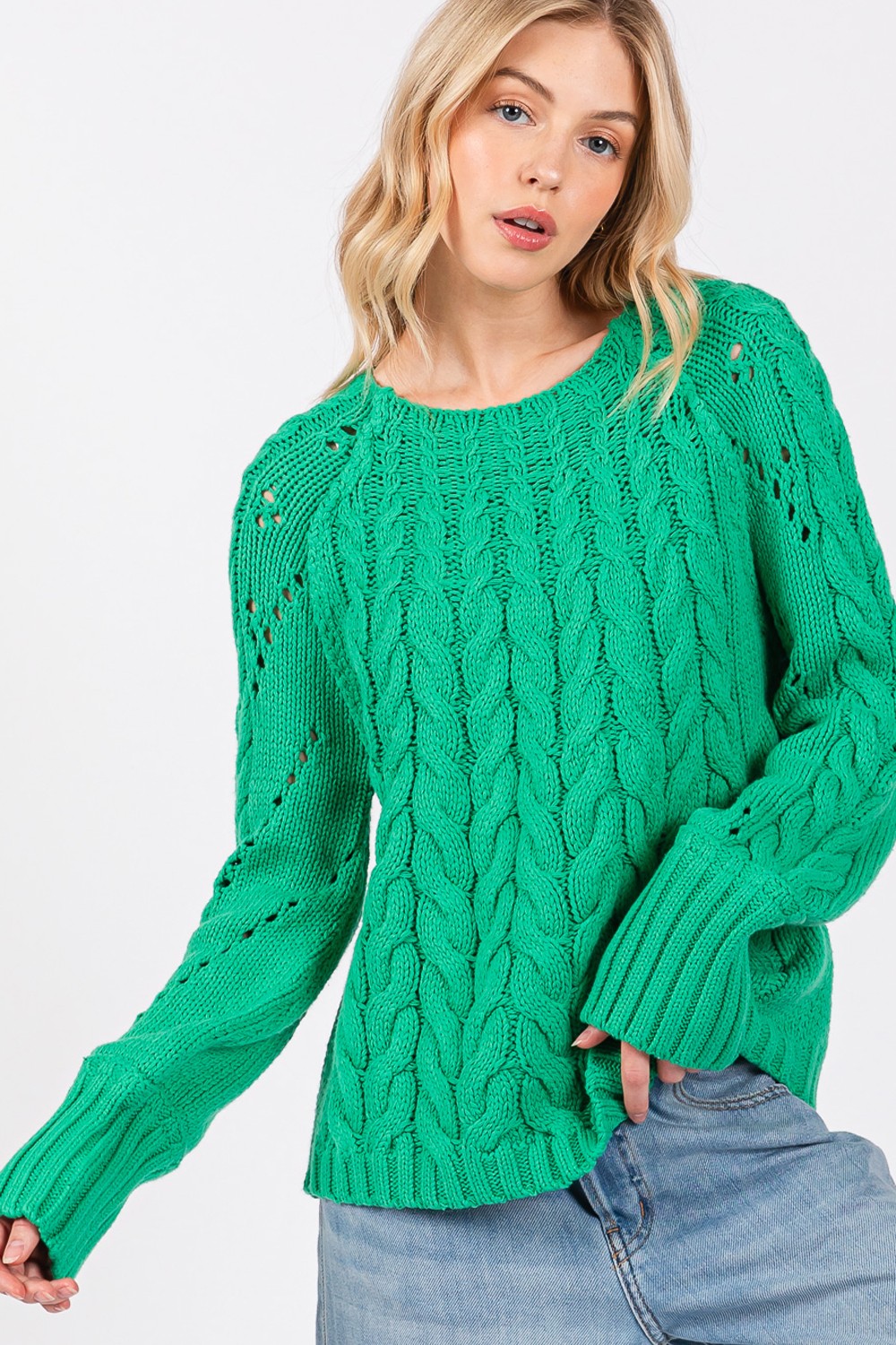 Amelia Cable-Knit Long Sleeve Sweater In Emerald