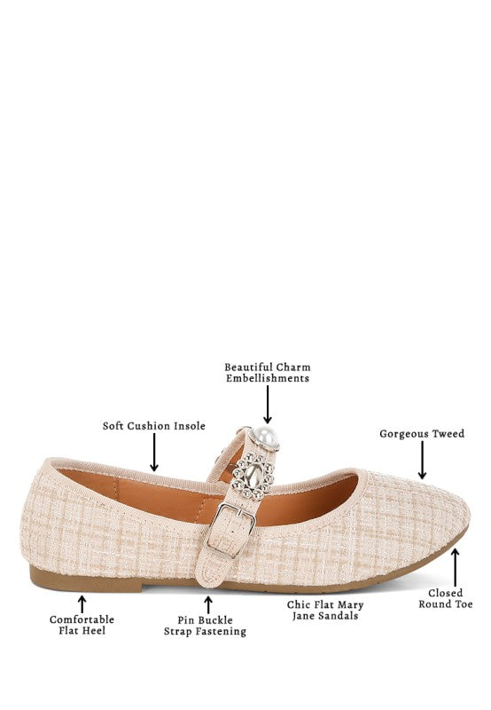 Infographic of beige Noyama Tweed Mary Jane flat highlighting key features including charm embellishments, tweed fabric, buckle closure, and cushioned insole.