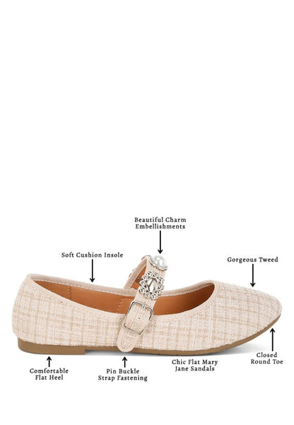 Infographic of beige Noyama Tweed Mary Jane flat highlighting key features including charm embellishments, tweed fabric, buckle closure, and cushioned insole.