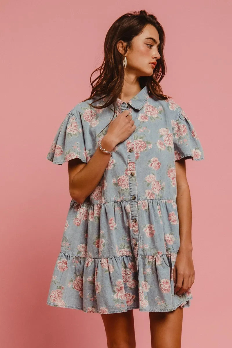Additional close-up front view of Isla Floral Shirt Dress by BiBi, showcasing soft cotton texture, floral print details, and flutter sleeve design.