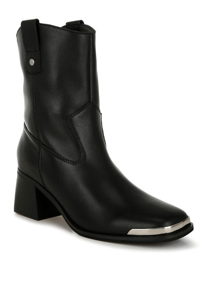Iliad Leather Ankle Boots front angle showing metallic square toe and sleek Western silhouette.