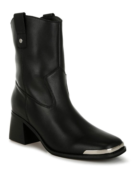 Iliad Leather Ankle Boots front angle showing metallic square toe and sleek Western silhouette.