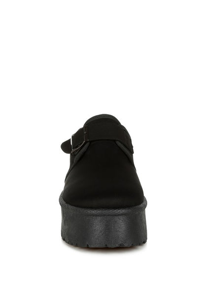 Mayfield Buckle Strap Fur Slip-Ons black front view with round toe design