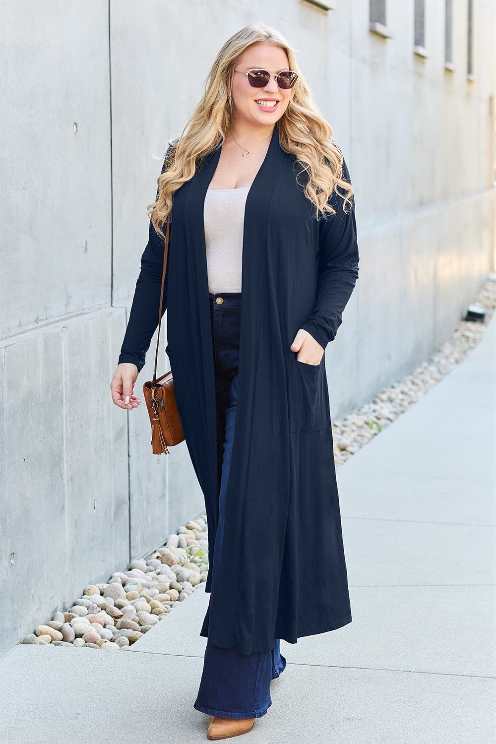 Dark Navy open-front long-sleeve cover-up with a flowy design and pockets, perfect for layering on breezy days.