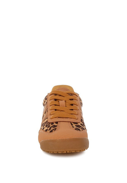Front view leopard print sneakers with round closed toe design