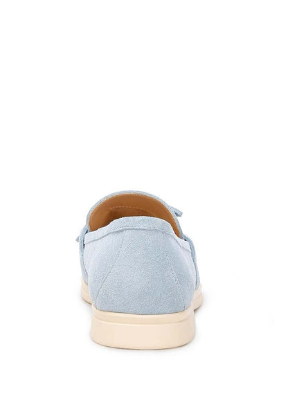 Nautica baby blue suede loafers back angle with stitching detail.