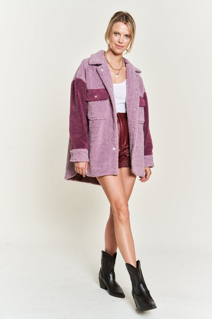 Berry Deedre Plus Size Sherpa Jacket front full body view highlighting oversized fit
