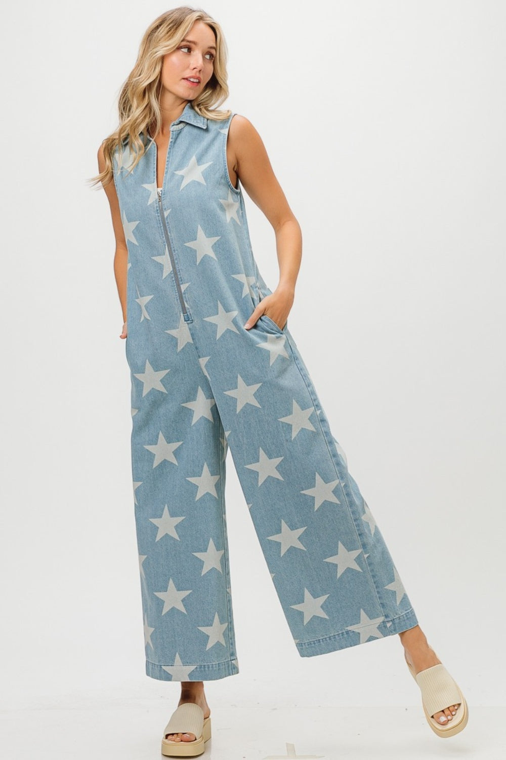 A New Hope Star Print Half Zip Sleeveless Denim Jumpsuit