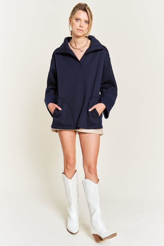 Aylani High Collar Knit Top navy full body relaxed fit