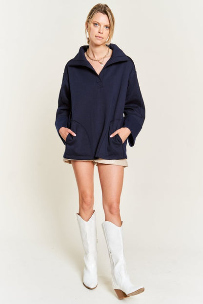 Aylani High Collar Knit Top navy full body relaxed fit