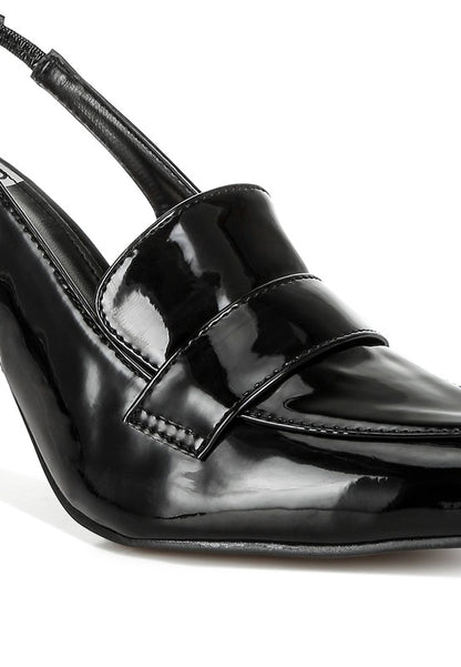 Close-up of Black Voisin Slingback Loafer Heels highlighting patent shine and pointed toe.