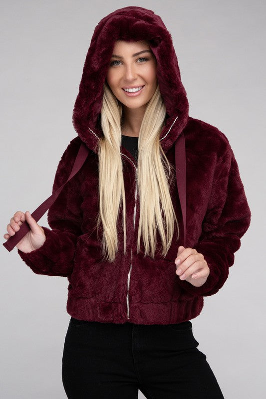 Cropped Burgundy zip-up fluffy teddy hoodie with a drawstring hood, long sleeves, and front pockets.