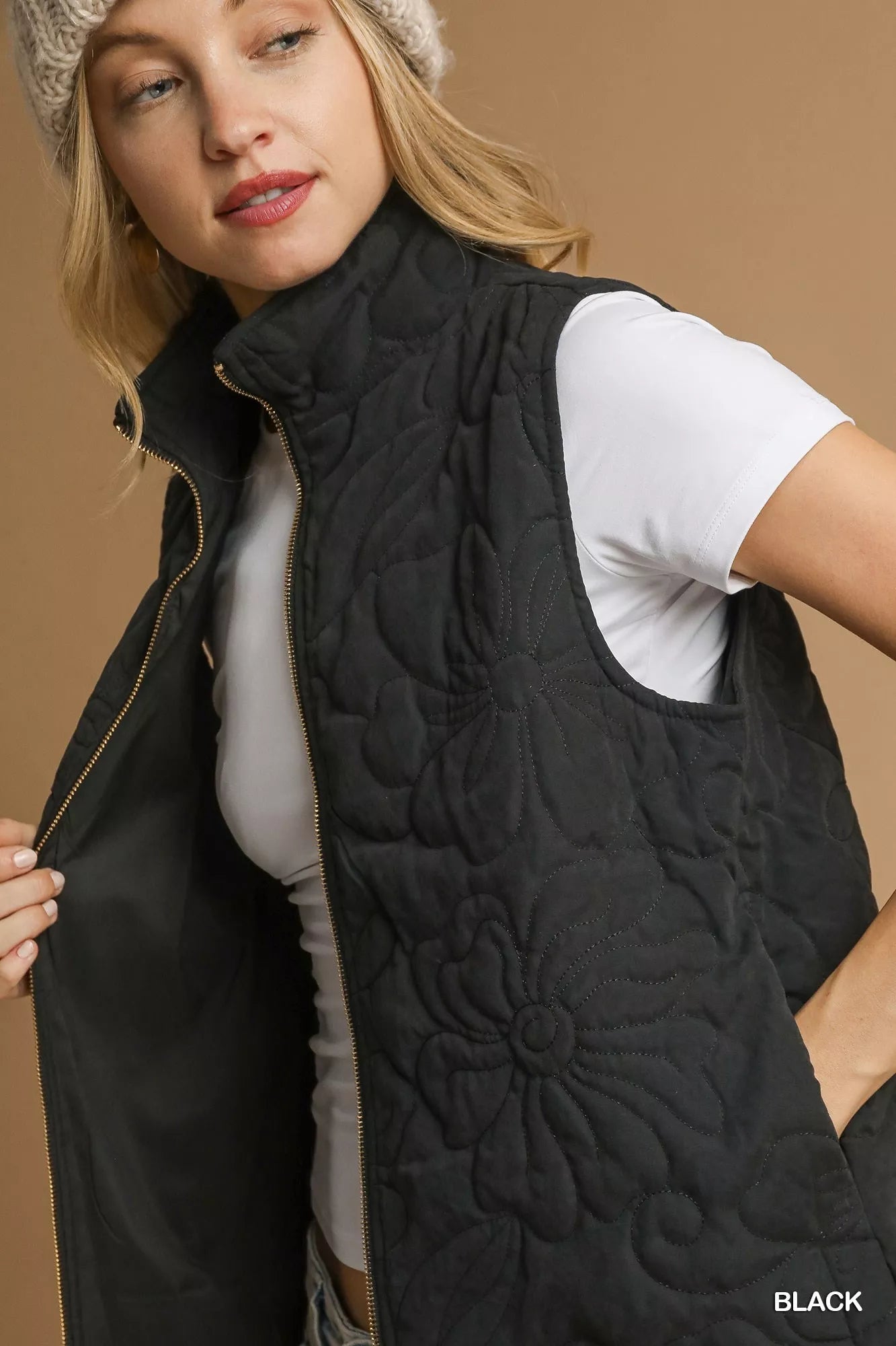 Detailed close-up of Noor Quilted Floral Vest in black, showing floral stitched texture
