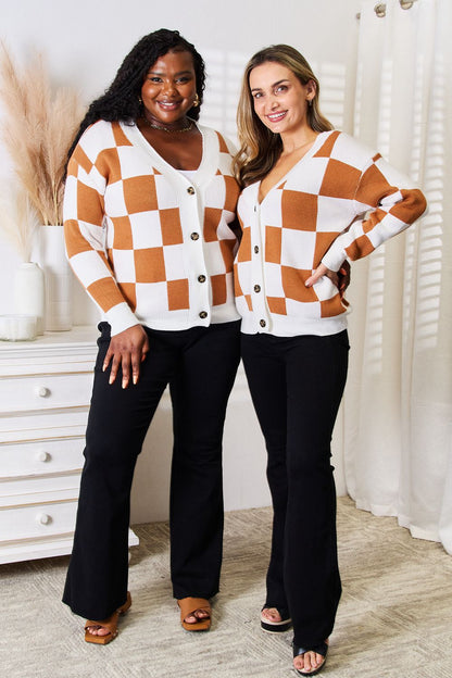 Standard and plus size models wearing Tauni Checkered Cardigan, front view showing V-neckline, button-up design, and relaxed fit
