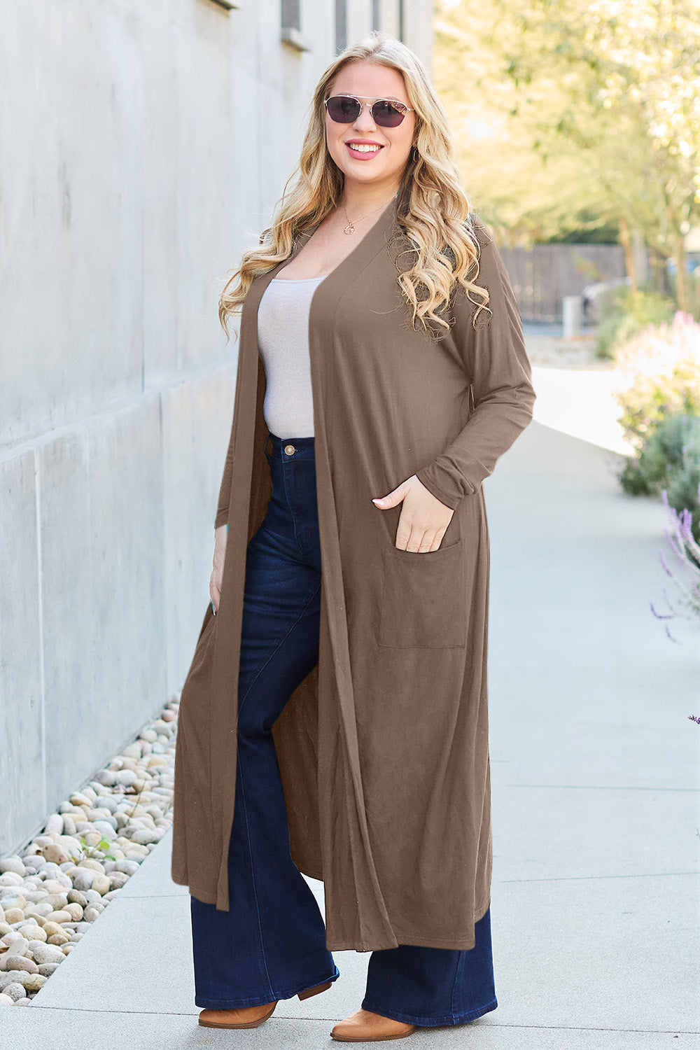 Mocha open-front long-sleeve cover-up with a flowy design and pockets, perfect for layering on breezy days.