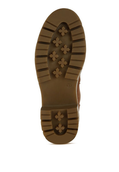 Outsole view of brown Chelsea boots with anti-skid lug sole.