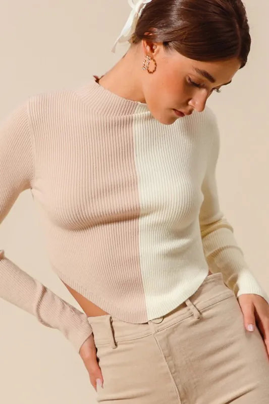 Close-up front view of Bess Crop Sweater Top, ribbed texture and neutral tones.
