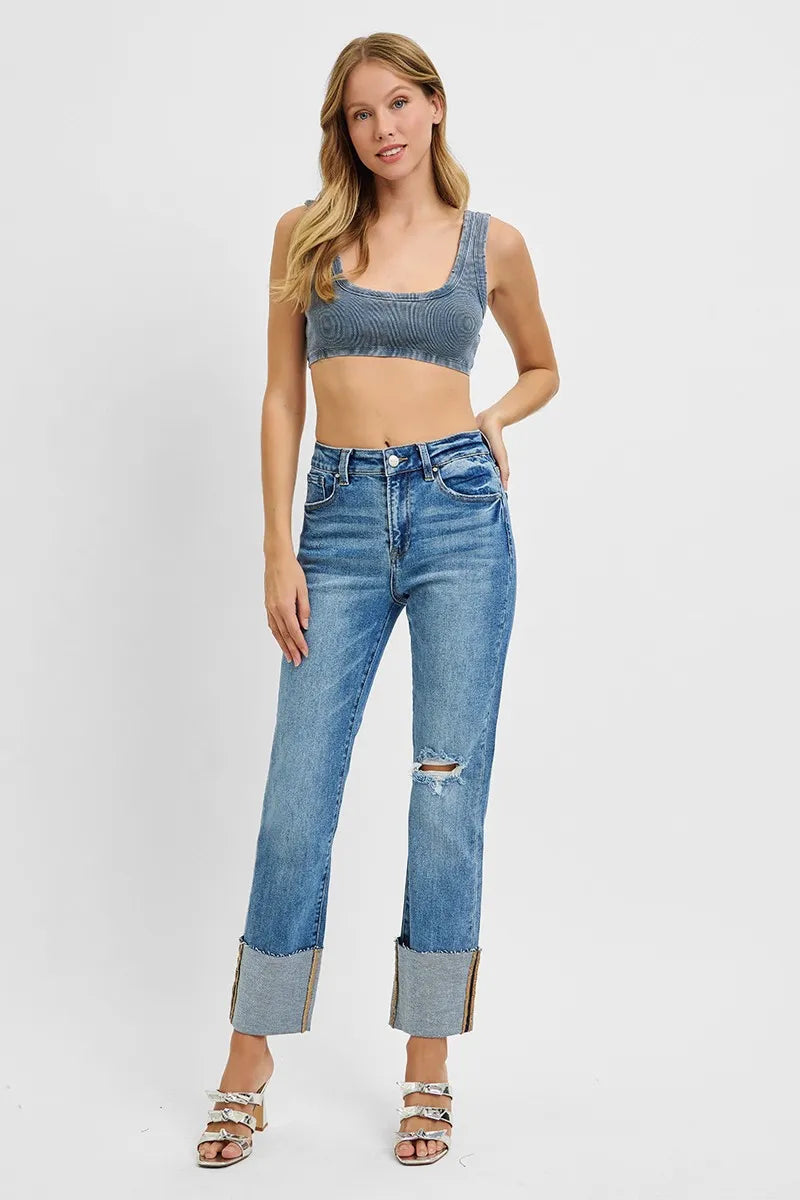 Full body styled look featuring Thea RISEN wide cuff jeans in medium wash with raw hem ankle crop.
