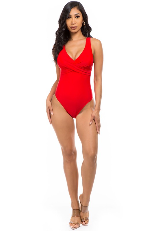 Lucky Pleated Cross Gathering Neckline One Piece Swimsuit