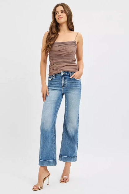 Size Inclusive Sammy Mid Rise Crop Straight Jeans Risen Medium Wash lifestyle denim outfit look.