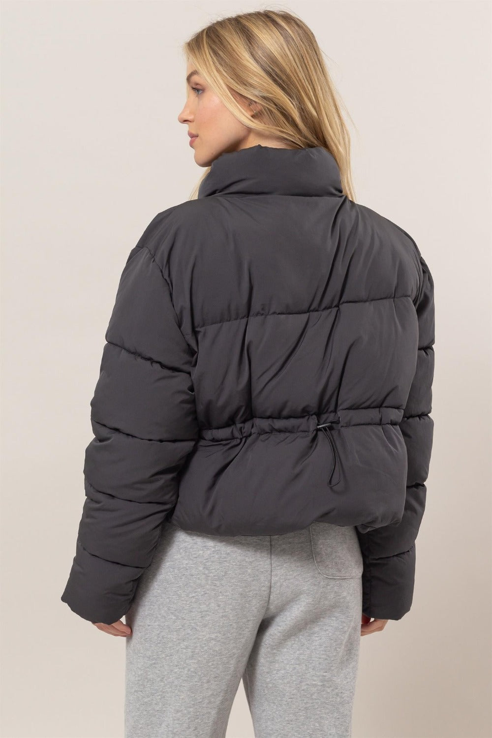 Mesa Quilted Back Drawstring Puffer Jacket in Black