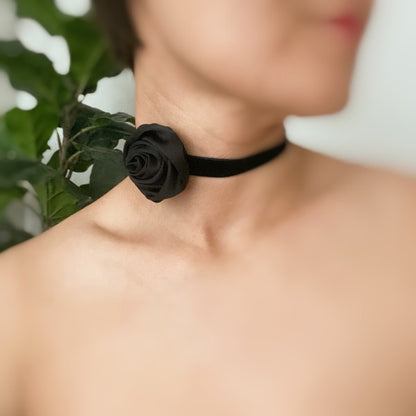 Model wearing black Satin Rose Velvet Sash Necklace styled around the neck