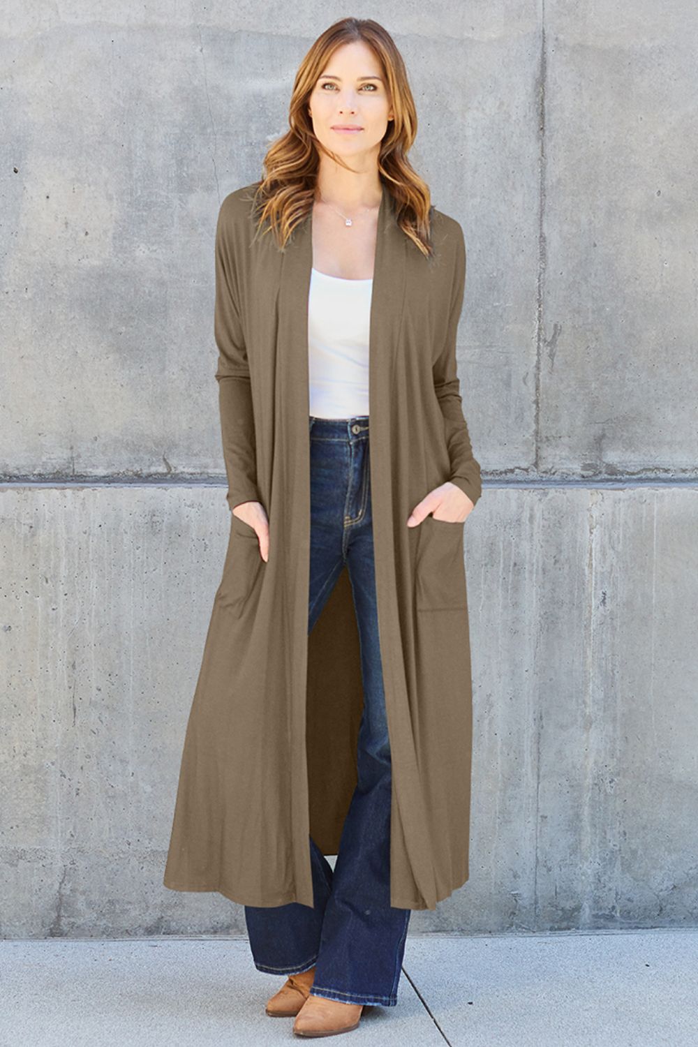 Chestnut open-front long-sleeve cover-up with a flowy design and pockets, perfect for layering on breezy days.