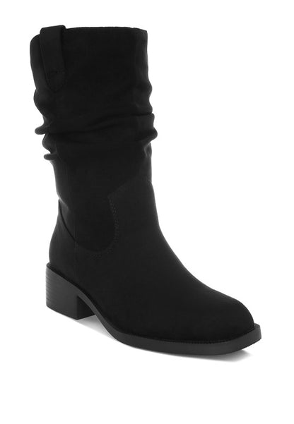 Black Ottawa Slouchy Cowboy Boots front angled view showing square toe and stacked heel.