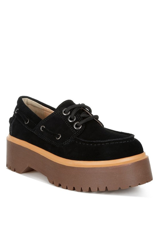 Cuckatoos Black Suede Oxford Loafers front view, lace-up and moccasin seam.