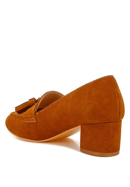 Back angle view of Tan Ziva Suede Loafer Heels highlighting stacked heel.