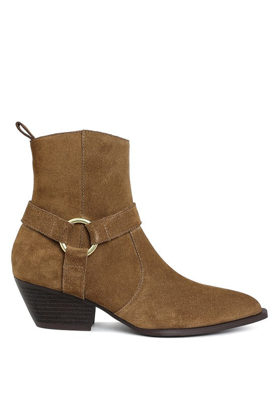 Jockey Harness Ankle Boots taupe suede side view showing stacked heel and harness detail