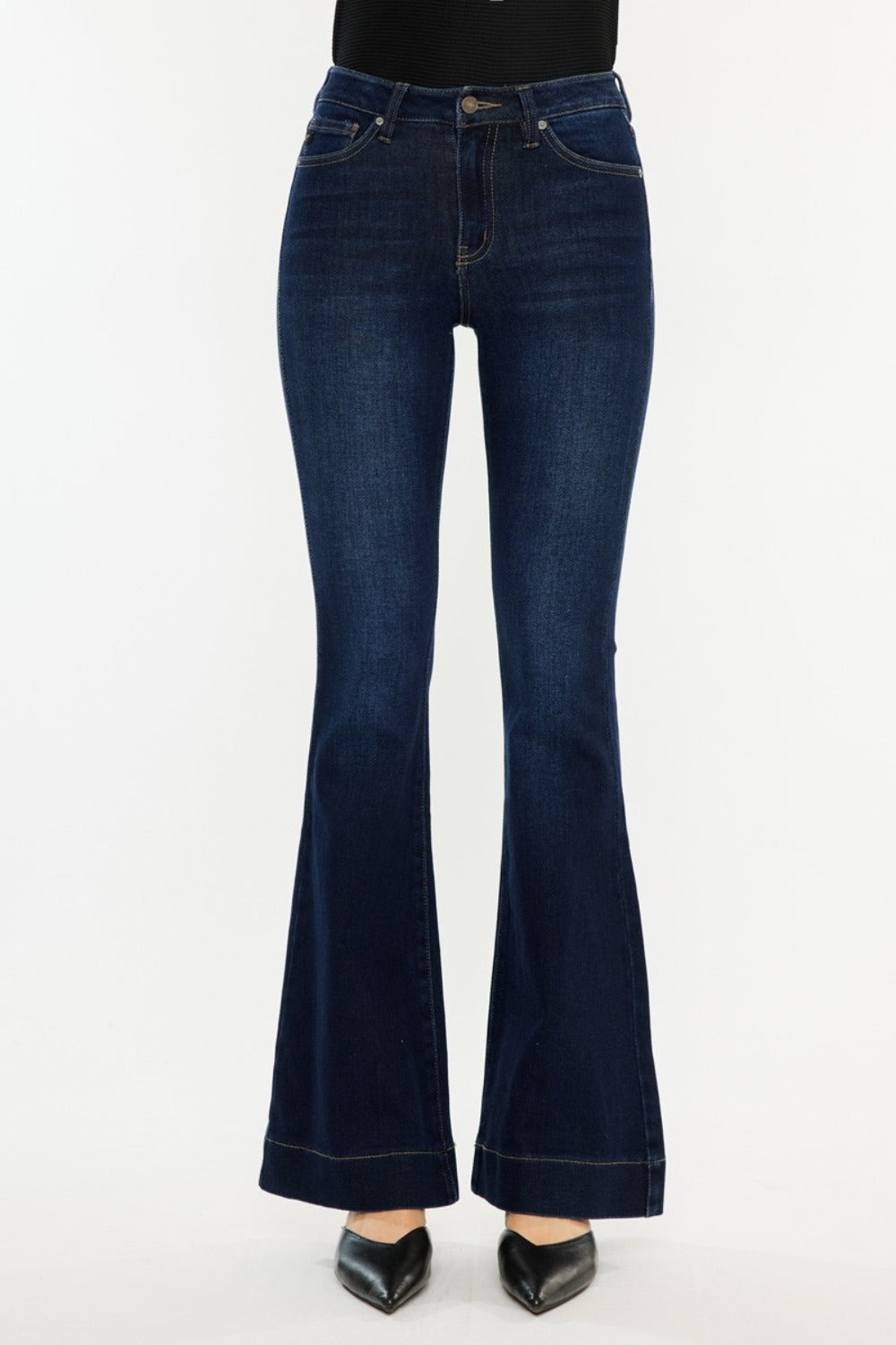 High Rise Slim Flare Jeans by Kancan in dark stone wash, slightly stretchy denim with zip fly. Non-distressed, versatile style for casual or dressed-up looks.