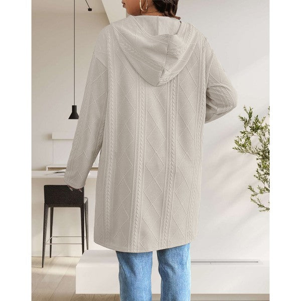 Makeda Hooded Cable Knit Cardigan in khaki, back view with hood detail.