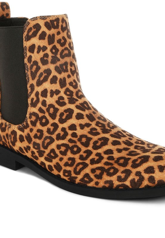Close up of Ayasa Low Block Heel Chelsea Boots in Leopard faux suede showing texture and pattern