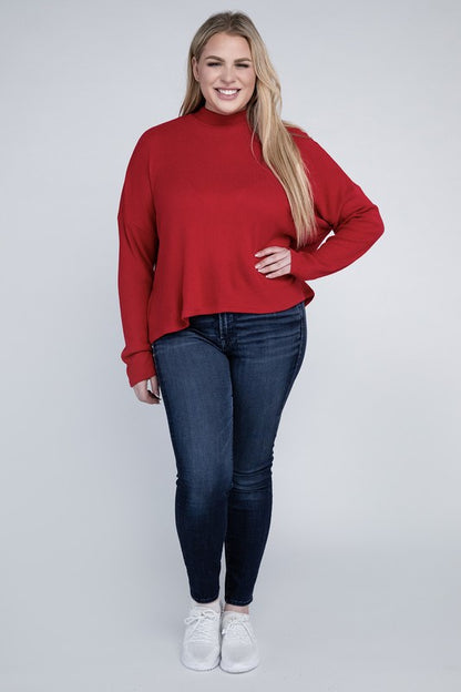 Plus size full body view of Raya Curvy Plus Drop Shoulder Top in red styled with casual bottoms.