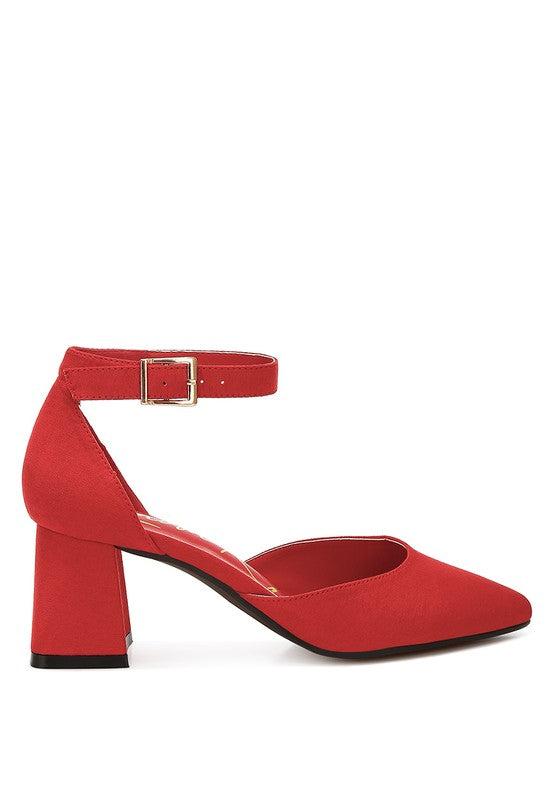Red Rozita Block Heels featuring ankle strap buckle fastening and cushioned insole