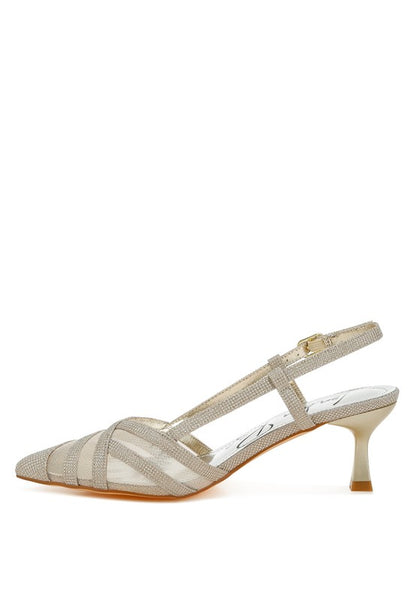 Side profile of Gold Daldra Kitten Heel Slingback Sandals with buckle slingback and kitten heel