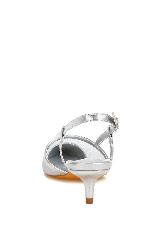 Silver Iyla Mesh Slingback Heels back view highlighting slingback strap and kitten heel