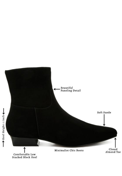  Infographic-style image of the black Hakra suede bootie.