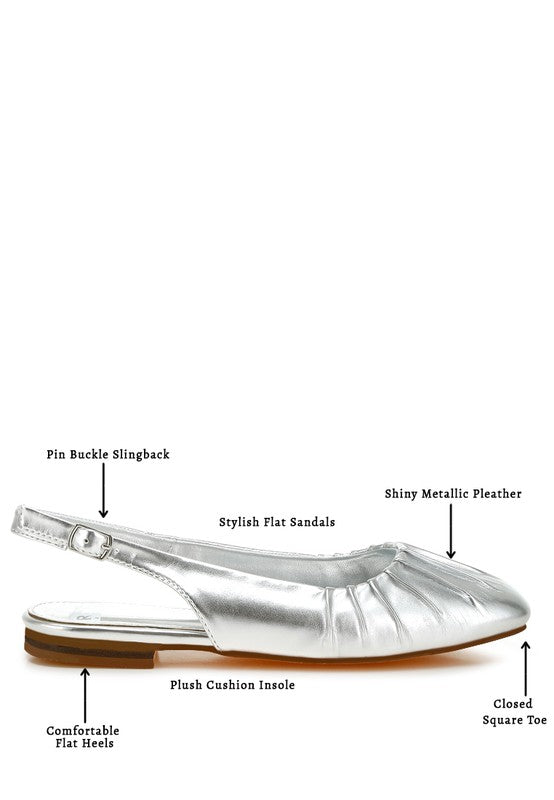 Metallic pleather flat slingbacks with a square closed toe, adjustable pin buckle strap, and cushioned insole, available in silver.