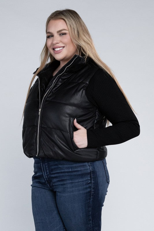 Plus Size Puff Vest in brown, featuring a relaxed fit, zip closure, pockets, and a collar neckline. 