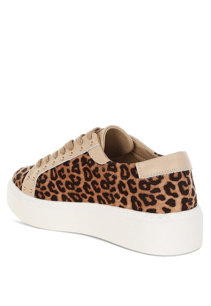 Back view of beige leopard print studded sneakers showing cushioned insole and durable TP rubber sole.