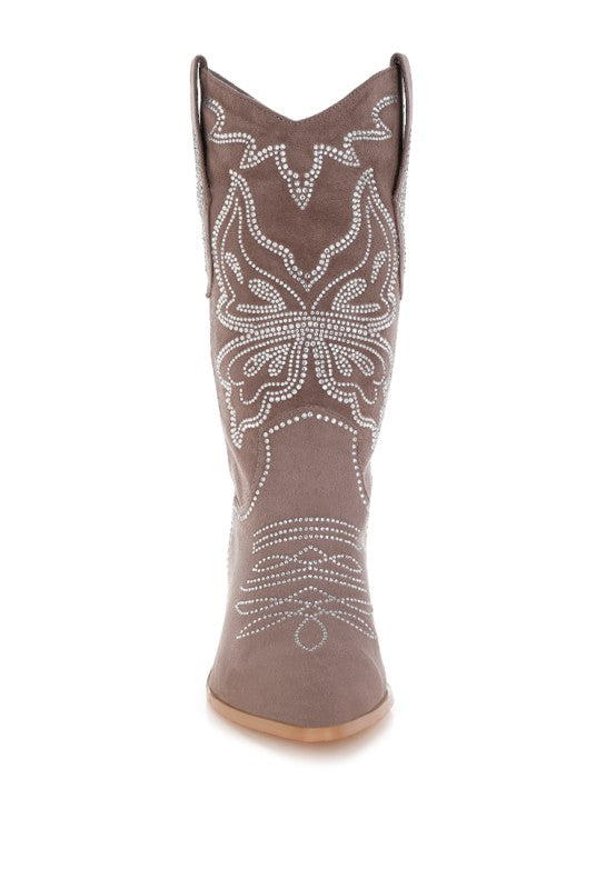 Front view of taupe rhinestone cowboy boots with pointed toe