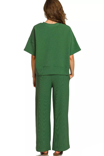 Back view of Tori Ribbed Round Neck Tee & Pants Set Dark Green, ribbed fabric two-piece loungewear.