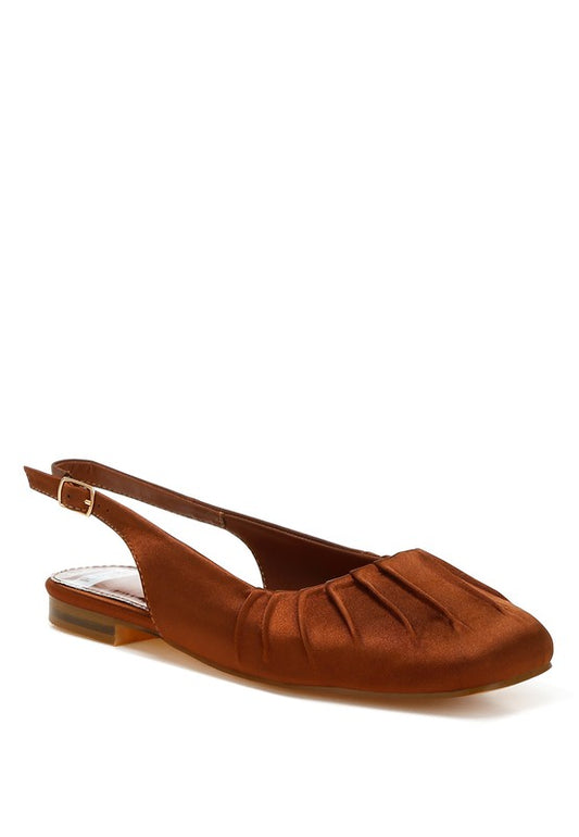 Brown satin slingback shoes with square toe, adjustable buckle strap, flat heel, and plush cushion insole.