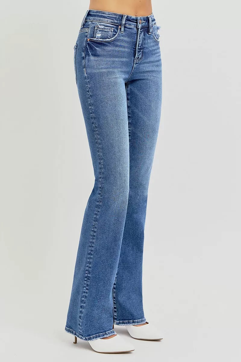 Side view of Huxley Tummy Control High Rise Straight Jeans with slightly stretchy denim fabric.