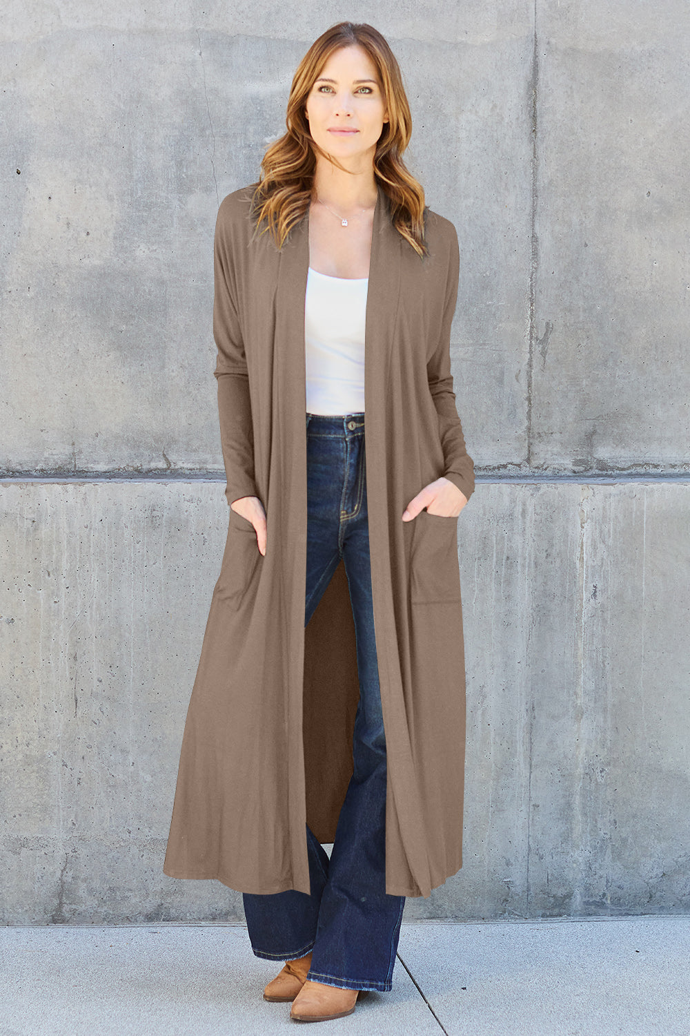 Mocha open-front long-sleeve cover-up with a flowy design and pockets, perfect for layering on breezy days.