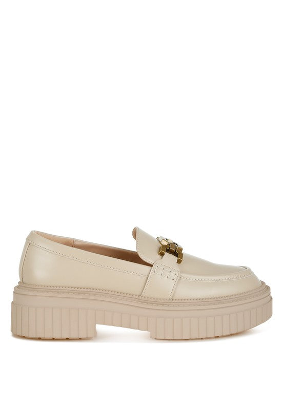 Side view of beige Grosbeak Horsebit Chunky Loafers.