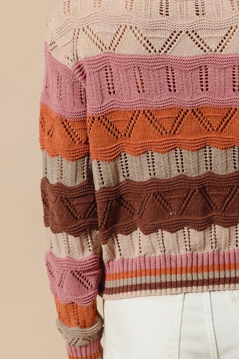 Close-up of Nina Multi Color Wavy Stripe Sweater Top fabric showing openwork knit details.