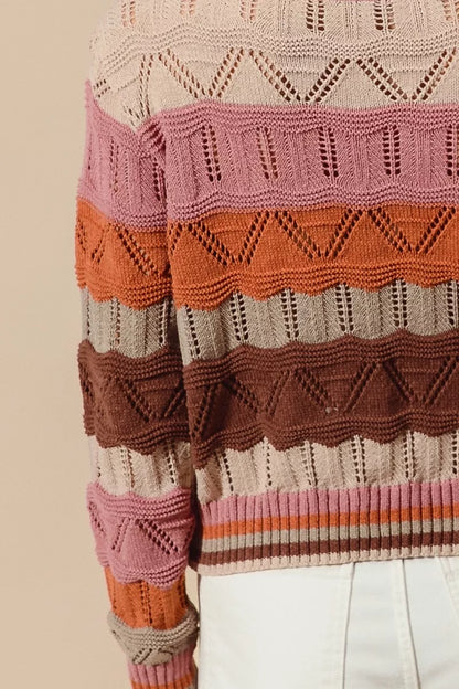 Close-up of Nina Multi Color Wavy Stripe Sweater Top fabric showing openwork knit details.